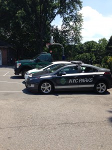 NYC Parks Vehicles Parked on the Basketball Courts of North Meadow Recreation Center in Central Park. July 12th, 2014.